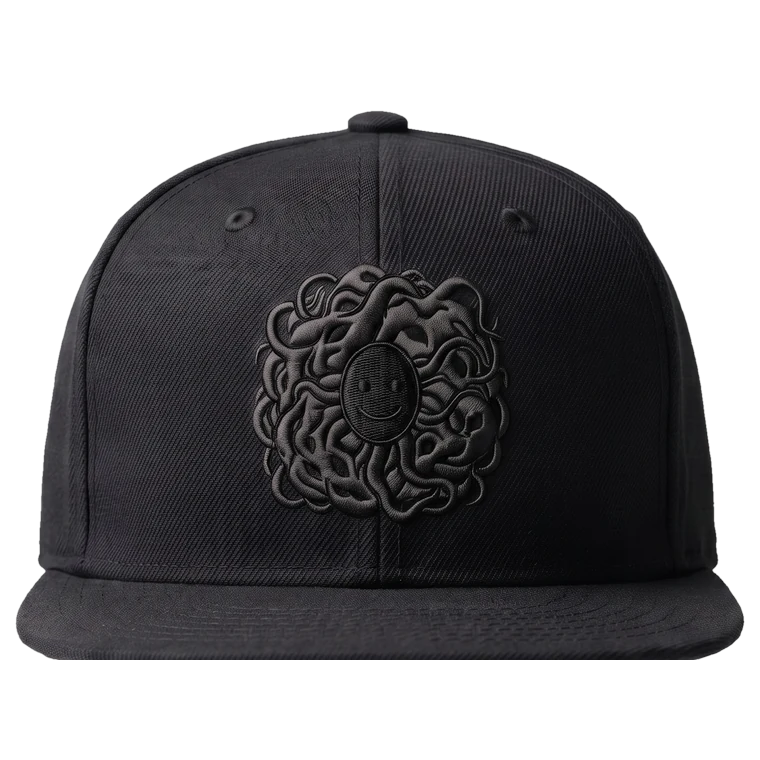 The Shoggoth Cap in blackout, black embroidery on a black flat-brim cap.