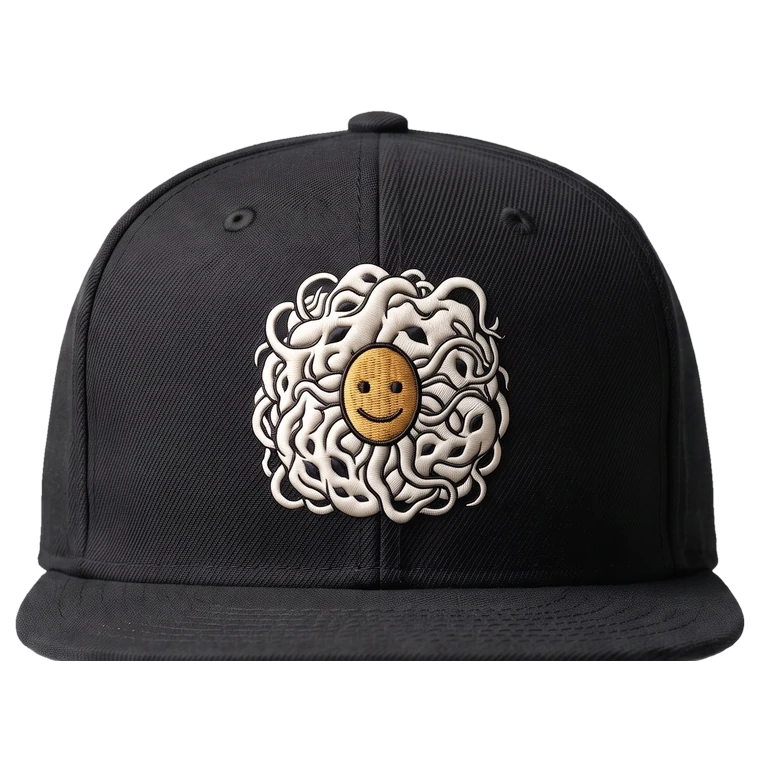 The Shoggoth Cap, bone and gold embroidered patch on a black flat-brim cap.