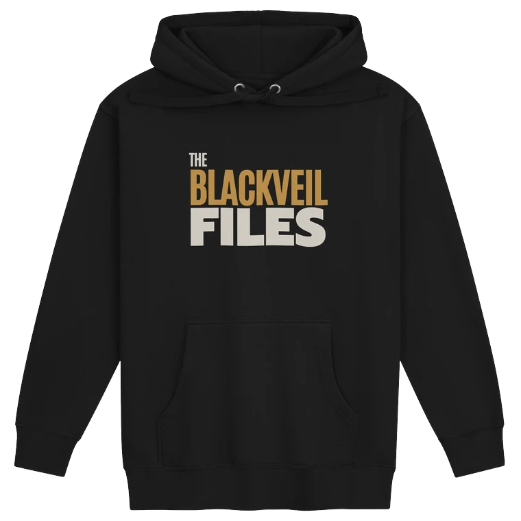 The BlackVeil Files hoodie, black, with the gold and bone wordmark on the chest.