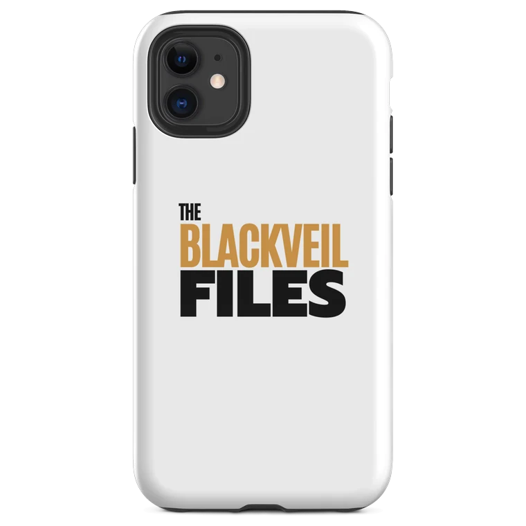 White iPhone tough case with the gold and black wordmark.