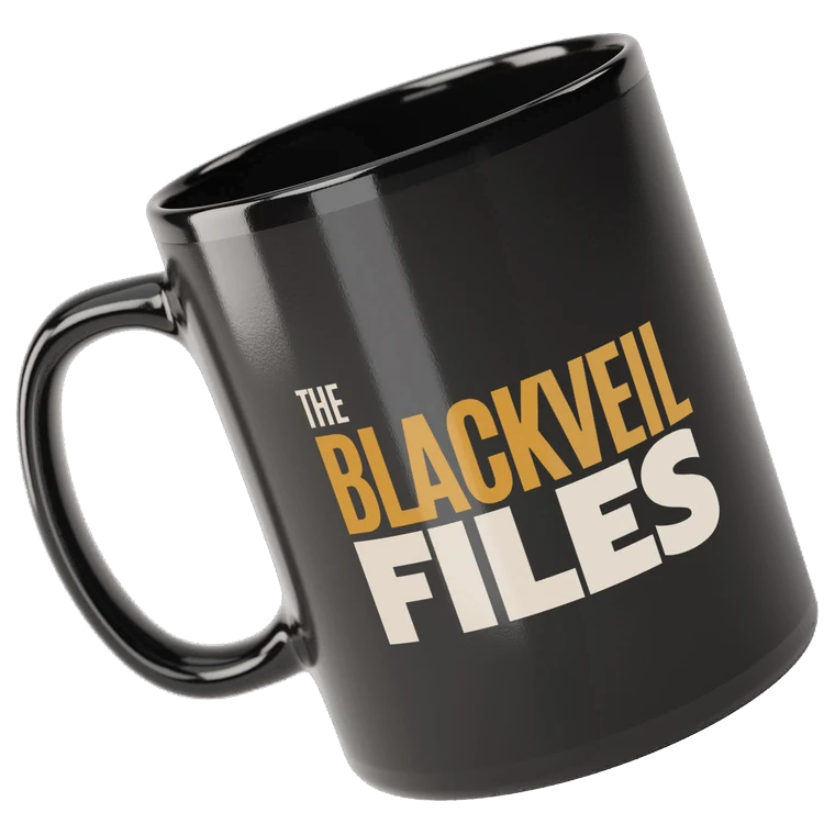 The BlackVeil Files black glossy mug with the gold and bone wordmark.