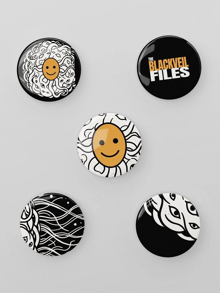 The Shoggoth Pin Set — six enamel pins of the Shoggoth and the wordmark.